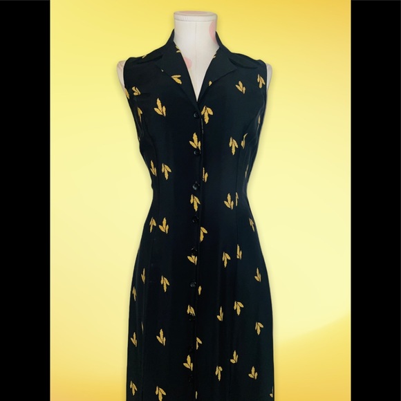 Studio I Black & Yellow Sleeveless Collared Floral Button Down Maxi Dress Vintag - Picture 3 of 8